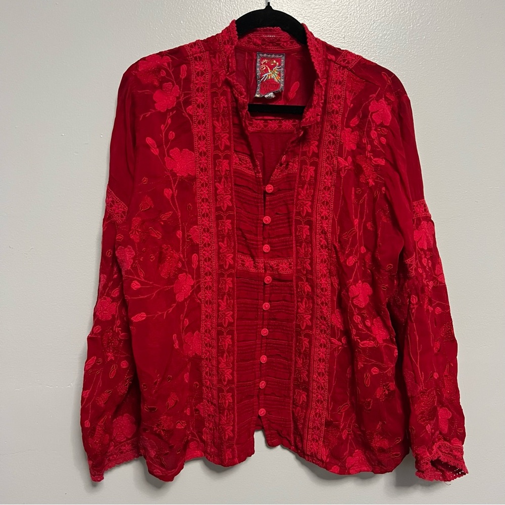 Johnny Was Branch Arwen blouse in Tango Red with embroidery